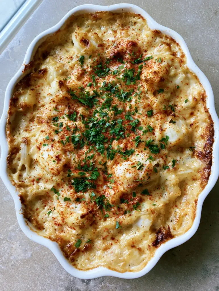 Crab Imperial Recipe: The Ultimate Maryland-Style Baked Lump Crab 1 Overhead view of the Crab Imperial Recipe showing large chunks of lump crab meat and paprika dusting.