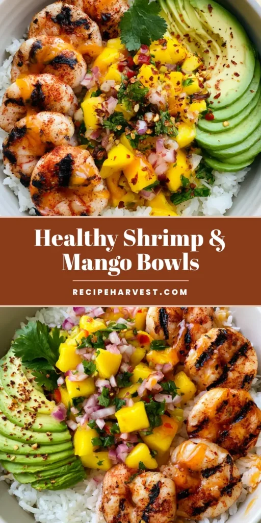 Healthy Shrimp and Avocado Bowls with Zesty Mango Salsa 4 A close-up handheld shot of Healthy Shrimp and Avocado Bowls featuring charred chili shrimp, fanned avocado, and mango salsa over jasmine rice.