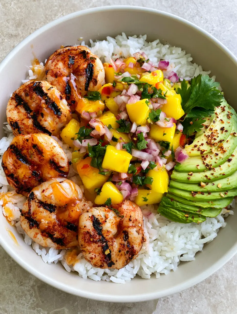 Healthy Shrimp and Avocado Bowls with Zesty Mango Salsa 3 Top view of Healthy Shrimp and Avocado Bowls in a matte white bowl with grilled shrimp and fresh mango salsa.