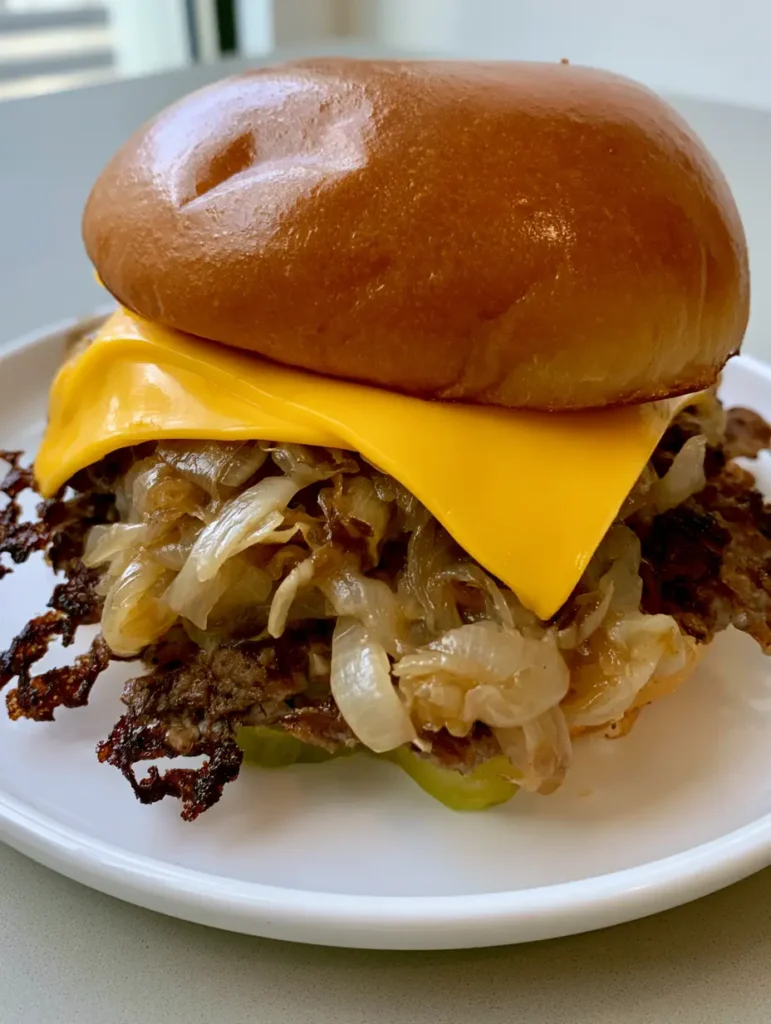 Handheld photo of a single Oklahoma Onion Smash Burger showing thin crispy beef patties and translucent onions.