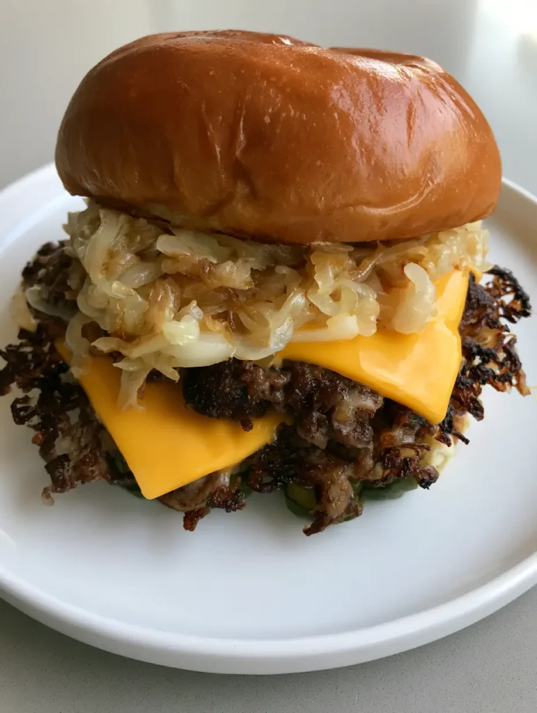 Oklahoma Onion Smash Burger: The Ultimate Guide to Crispy Lacy Edges 1 A perfectly plated Oklahoma Onion Smash Burger on a neutral gray surface with visible dill pickles.