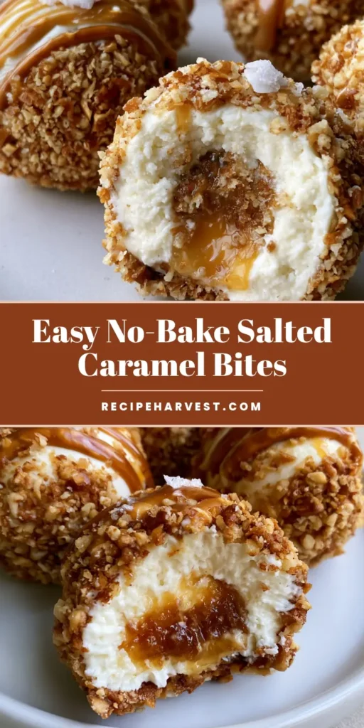 Salted Caramel Pretzel Cheesecake Bites with a Gooey Center 4 A tall Pinterest-style vertical shot of Salted Caramel Pretzel Cheesecake Bites arranged on a ceramic plate with a visible gooey caramel core and crushed pretzel coating.