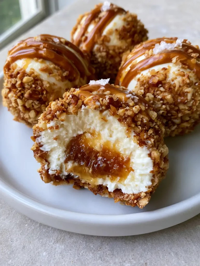 Close-up of spherical Salted Caramel Pretzel Cheesecake Bites on a white plate, showcasing the liquid caramel drizzle and sea salt flakes.