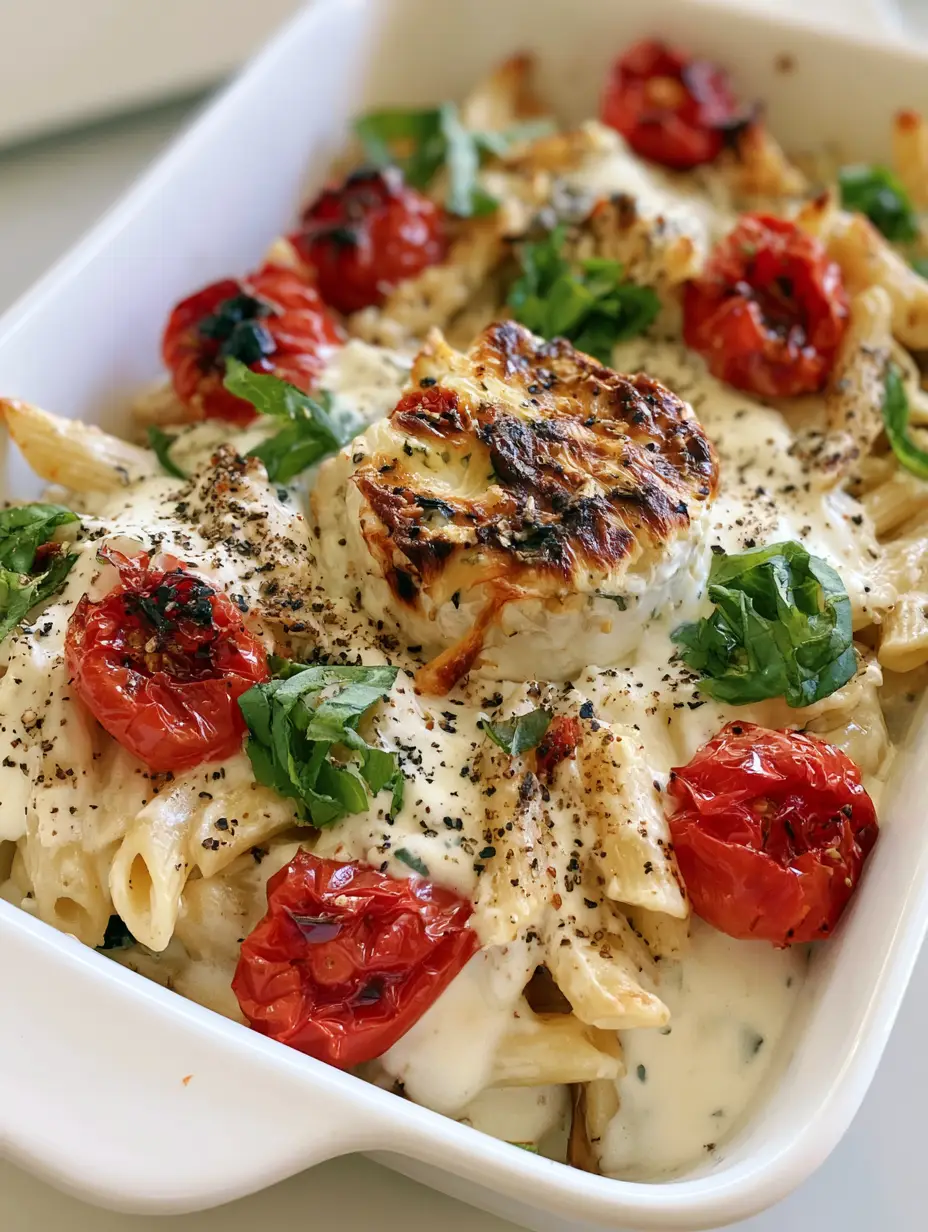 Overhead smartphone photo of creamy Boursin Cheese Pasta with shriveled red tomatoes and fresh green basil in a rectangular baking dish. (Boursin Cheese Pasta)