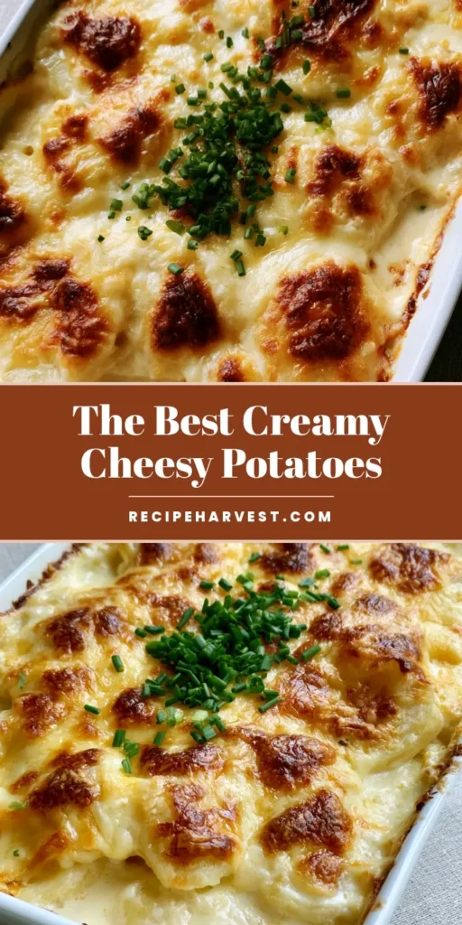 Cheesy Potatoes: The Ultimate Creamy Au Gratin Casserole 3 A bubbling white casserole dish filled with sliced Cheesy Potatoes featuring a thick golden-brown toasted cheese crust and fresh green chives.