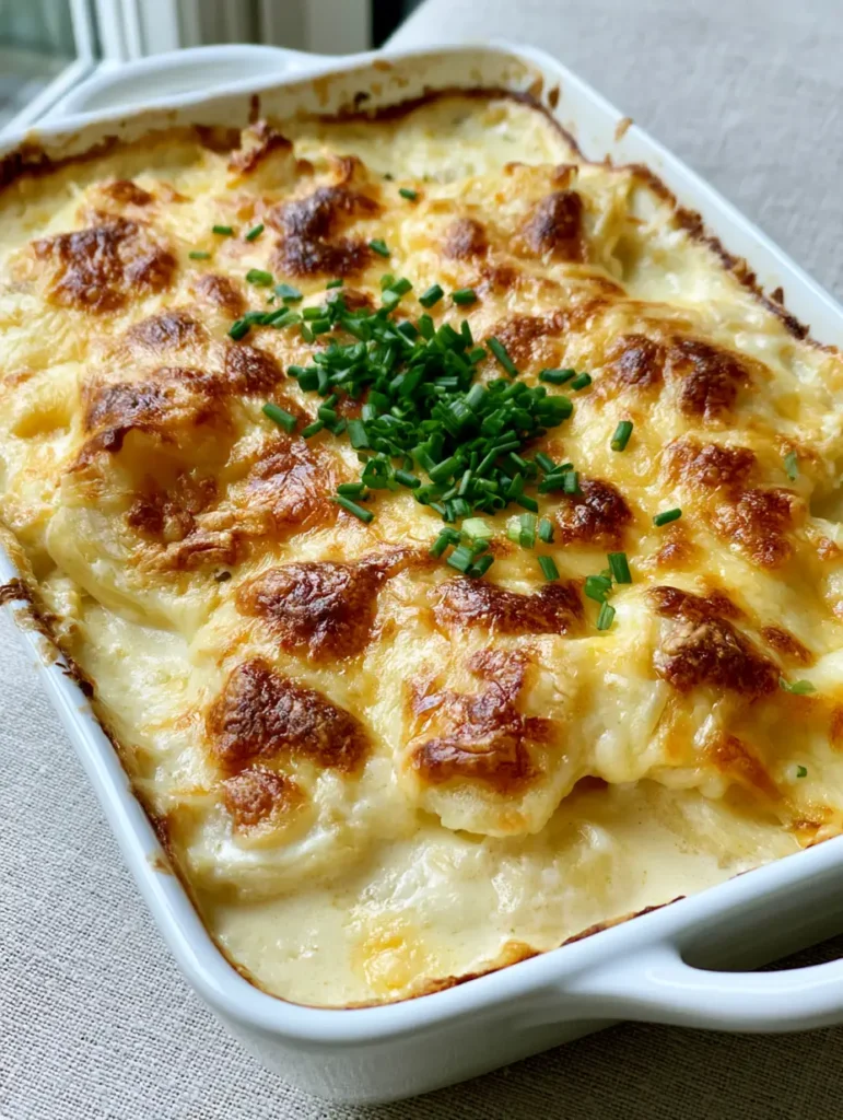Close up shot of Cheesy Potatoes in a white ceramic dish showing the thick creamy yellow sauce and melted cheddar. (Cheesy Potatoes)