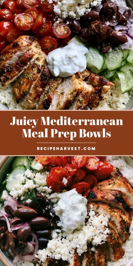 Mediterranean Chicken Meal Prep: The Ultimate Healthy & Flavorful Bowl 3 A top-down view of a Mediterranean Chicken Meal Prep bowl with charred chicken, white rice, and fresh vegetables. (Mediterranean Chicken Meal Prep)