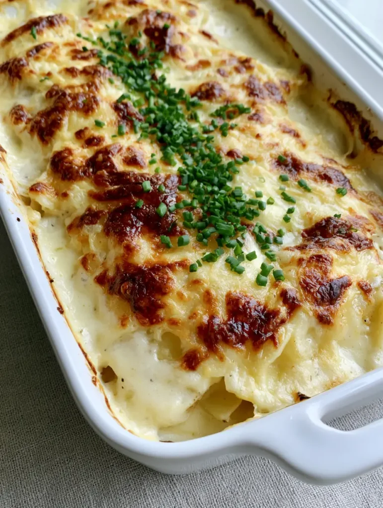 Cheesy Potatoes: The Ultimate Creamy Au Gratin Casserole 1 Slightly angled view of Cheesy Potatoes highlighting the toasted golden patches of cheese and scattered chives.