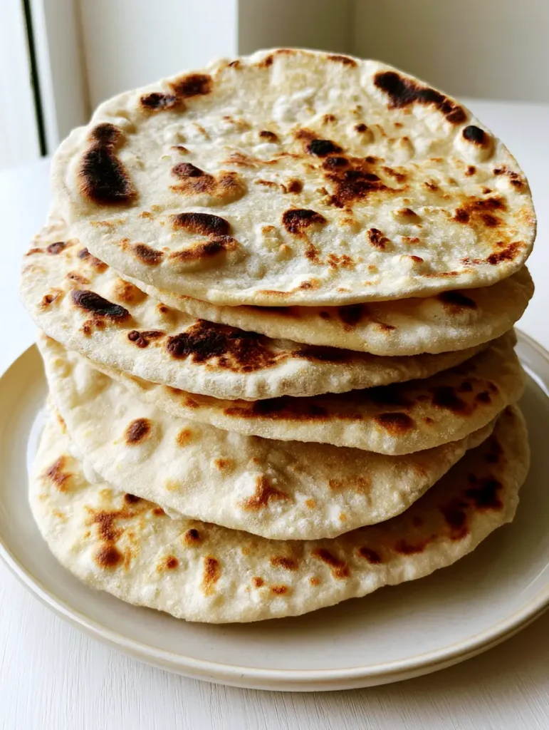 A stack of five fresh sourdough discard tortillas on an off-white ceramic plate with a light dusting of flour.