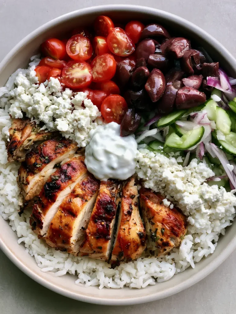 Mediterranean Chicken Meal Prep: The Ultimate Healthy & Flavorful Bowl 1 A round ceramic bowl filled with Mediterranean Chicken Meal Prep ingredients including olives and tzatziki.