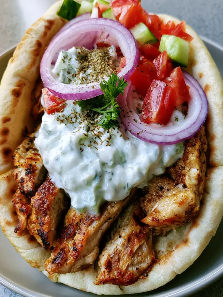 A handheld Greek Chicken Gyro showing the layers of sliced red onion, cubed cucumber, and charred pita.