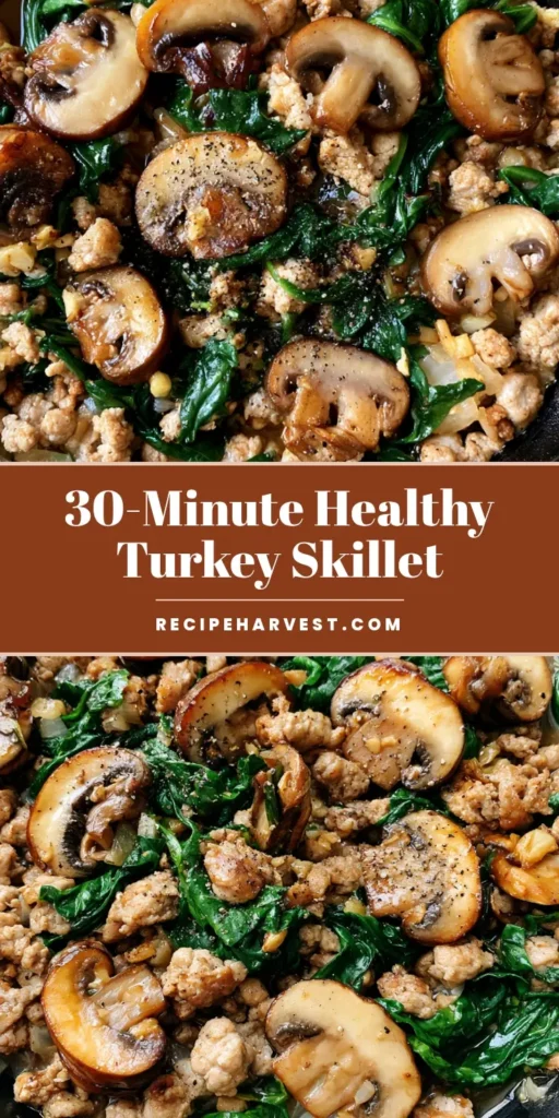 Ground Turkey Skillet with Sautéed Mushrooms and Spinach 3 A top-down view of a Ground Turkey Skillet in a black cast iron pan featuring browned turkey, seared cremini mushrooms, and wilted spinach on a gray background.