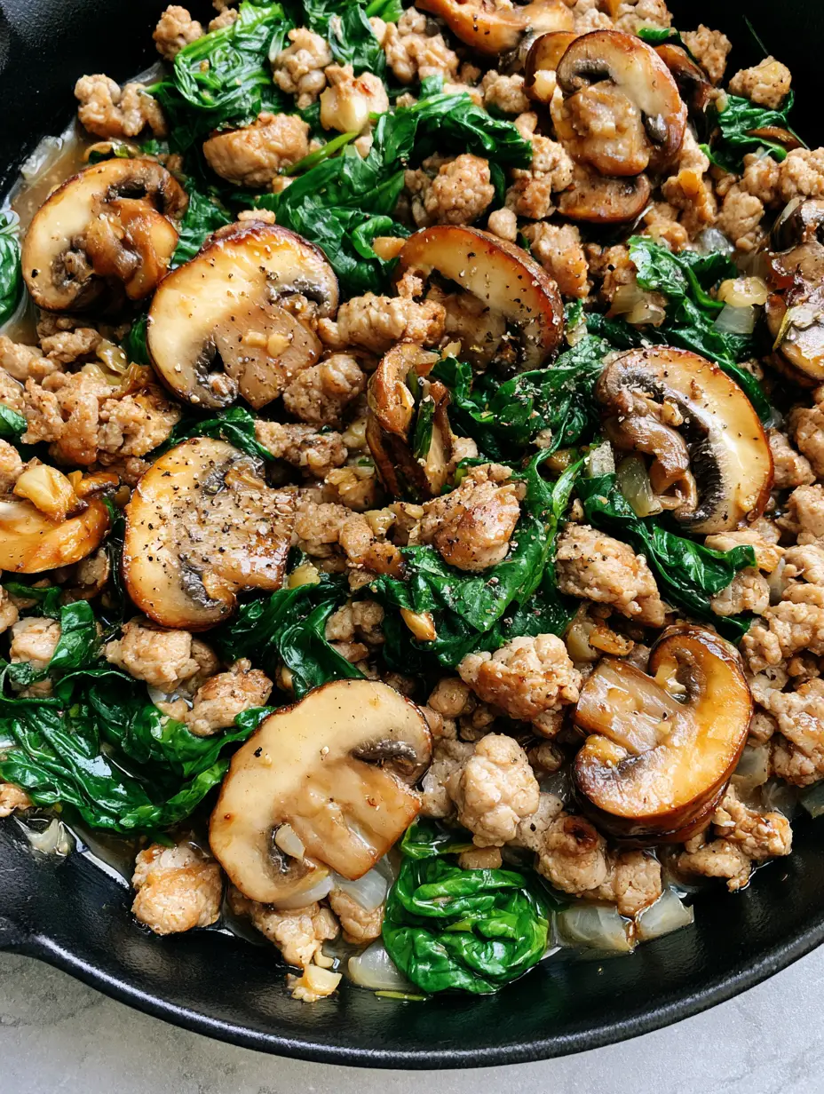 Ground Turkey Skillet with Sautéed Mushrooms and Spinach 4 Close up of browned ground turkey crumbles and seared mushroom edges in a cast iron pan. (Ground Turkey Skillet)