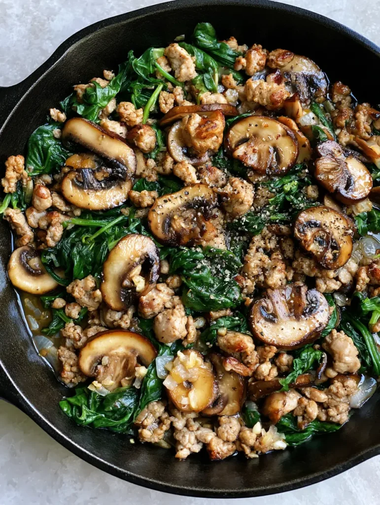 Ground Turkey Skillet with Sautéed Mushrooms and Spinach 1 A finished Ground Turkey Skillet with vibrant green spinach and glistening pan sauce garnished with black pepper.