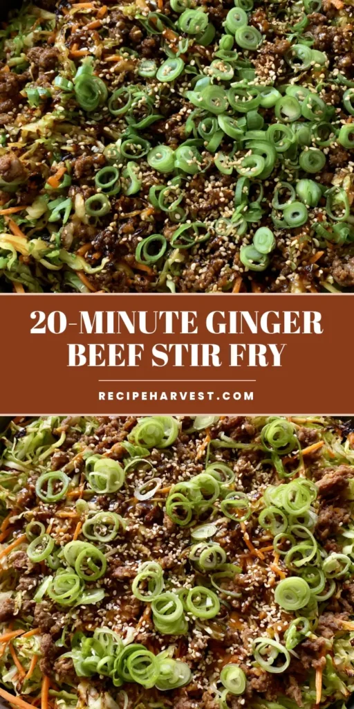 A dark skillet filled with Ginger Ground Beef and Cabbage Stir Fry, featuring charred cabbage, matchstick carrots, and crispy beef crumbles with green scallions. (Ginger Ground Beef and Cabbage Stir Fry)