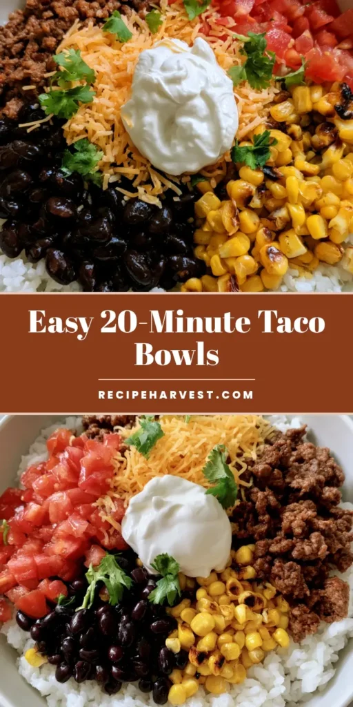 Healthy Taco Bowl Recipe: The Ultimate Fresh 30-Minute Meal 4 A vibrant Healthy Taco Bowl Recipe featuring distinct sections of seasoned meat, glossy black beans, charred corn, and fresh tomatoes over white rice.