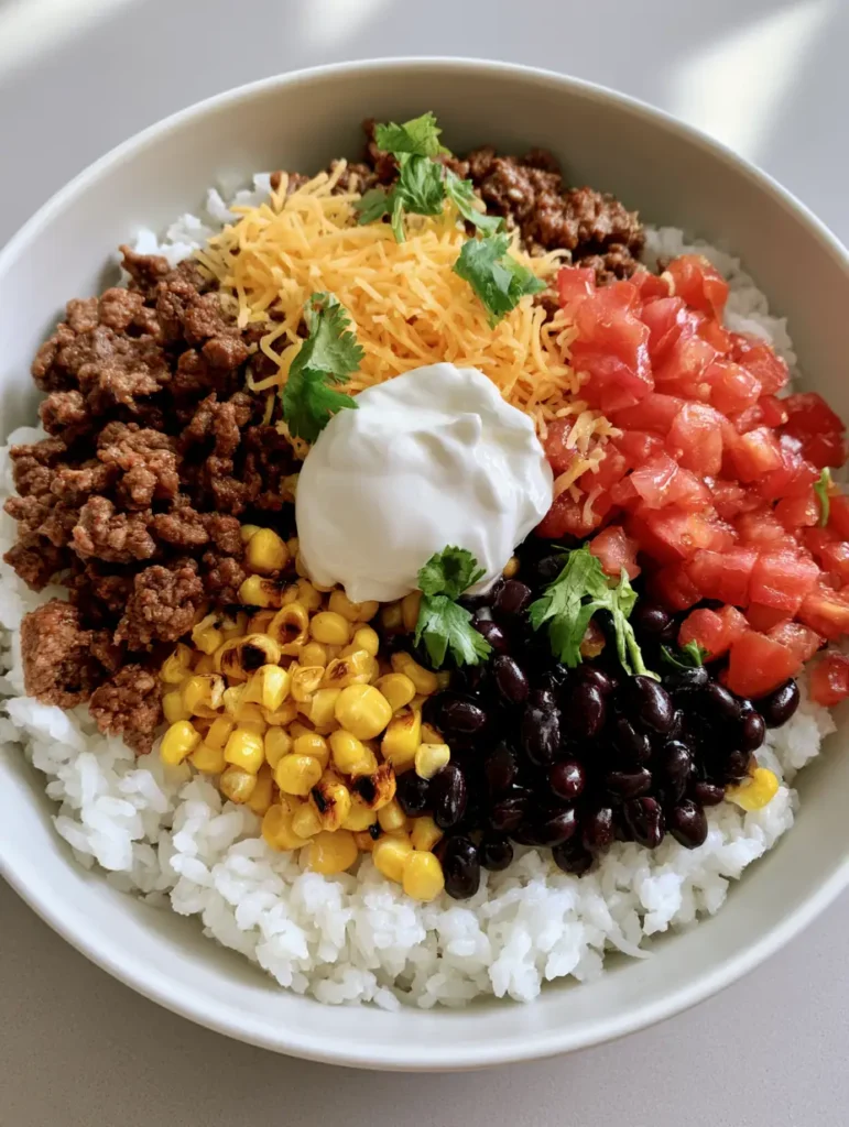 Close up photo of a Healthy Taco Bowl Recipe in a white ceramic bowl with fresh cilantro and sour cream garnish.