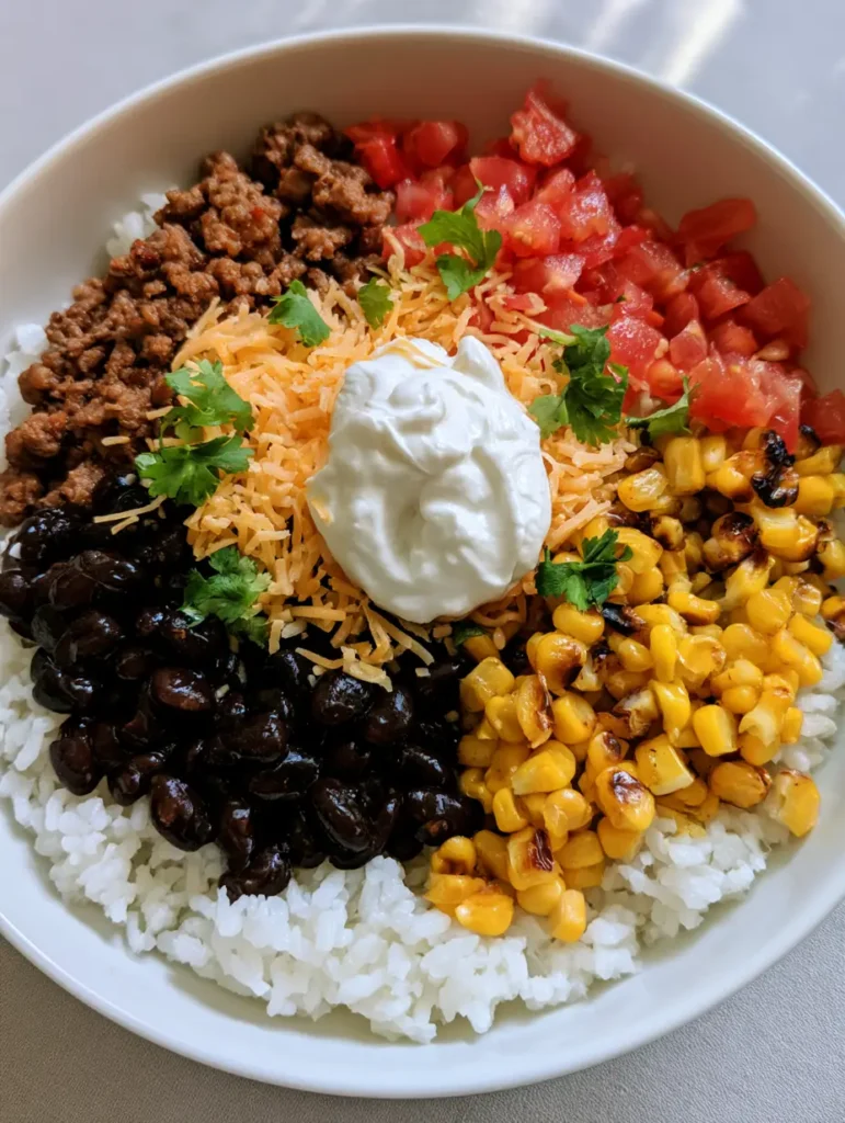 Healthy Taco Bowl Recipe: The Ultimate Fresh 30-Minute Meal 1 A handheld shot of a Healthy Taco Bowl Recipe showing the layer of steamed white rice and toppings.