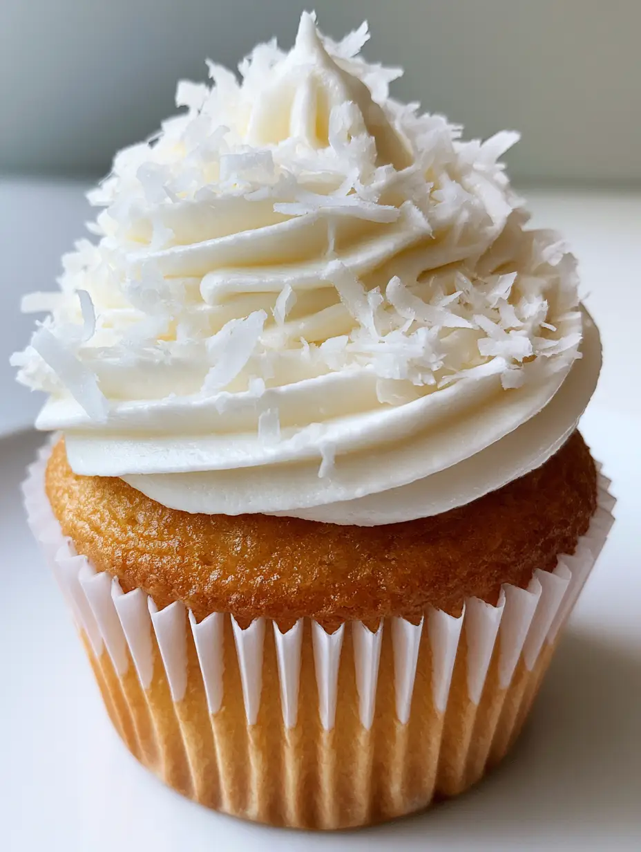 Coconut Buttercream Frosting: The Ultimate Fluffy Tropical Topping 3 Detailed shot of smooth white Coconut Buttercream Frosting piped onto a golden vanilla cupcake with delicate coconut flakes.