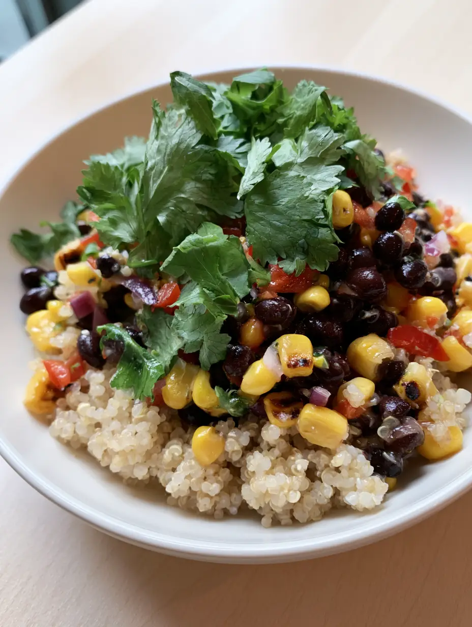 Black Bean and Corn Quinoa Salad with Zesty Lime Vinaigrette 4 Smartphone photo of a white ceramic bowl filled with Black Bean and Corn Quinoa Salad, showing fluffy grains and red bell peppers. (Black Bean and Corn Quinoa Salad)