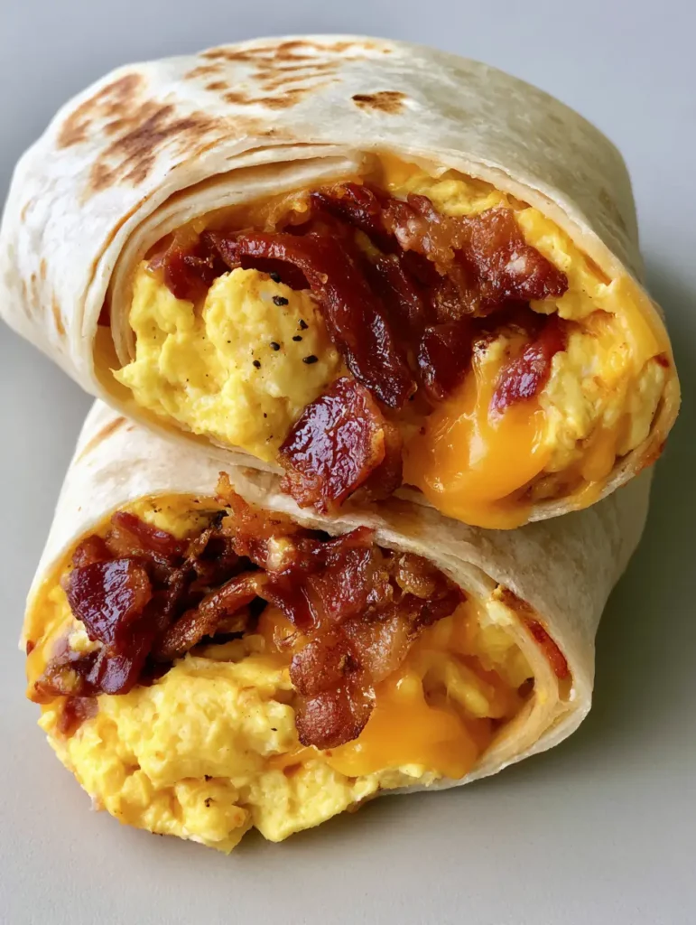 A large flour tortilla with golden-brown char marks sliced to reveal thick layers of eggs and bacon. (Breakfast Burrito Recipe)