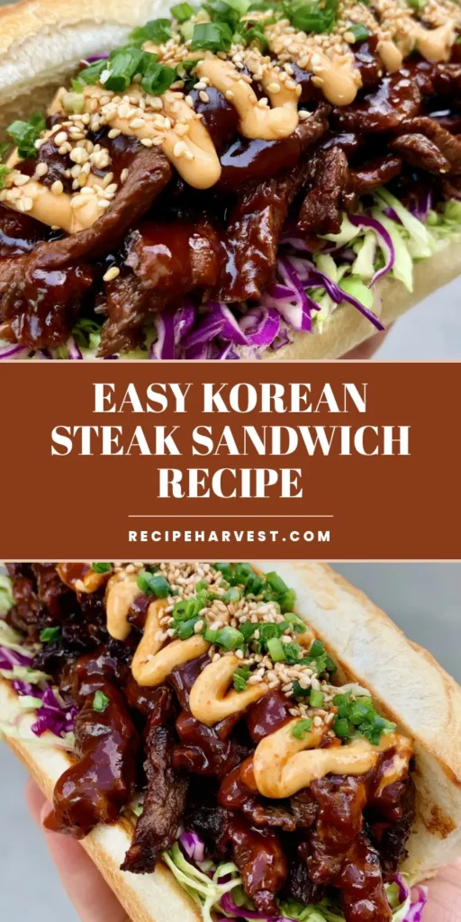 A close-up handheld shot of a Korean Steak Sandwich on a crusty baguette with purple cabbage slaw, glossy beef, and spicy mayo drizzle.