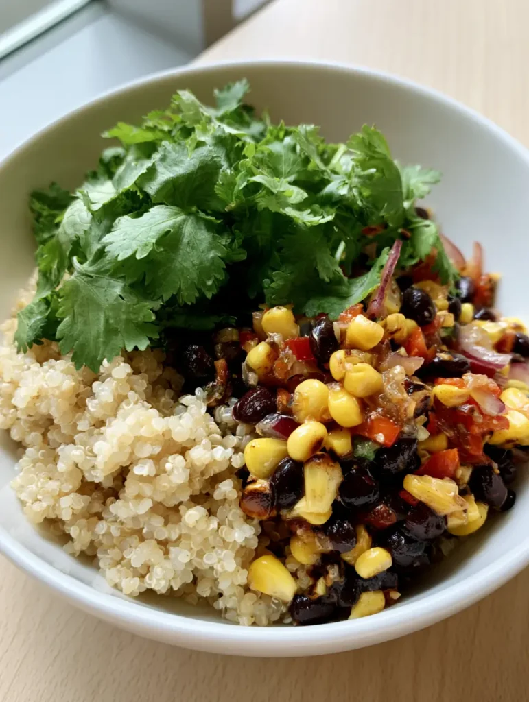 Black Bean and Corn Quinoa Salad with Zesty Lime Vinaigrette 1 Close-up of charred sweet corn and black beans in a quinoa salad with a thin lime dressing sheen.