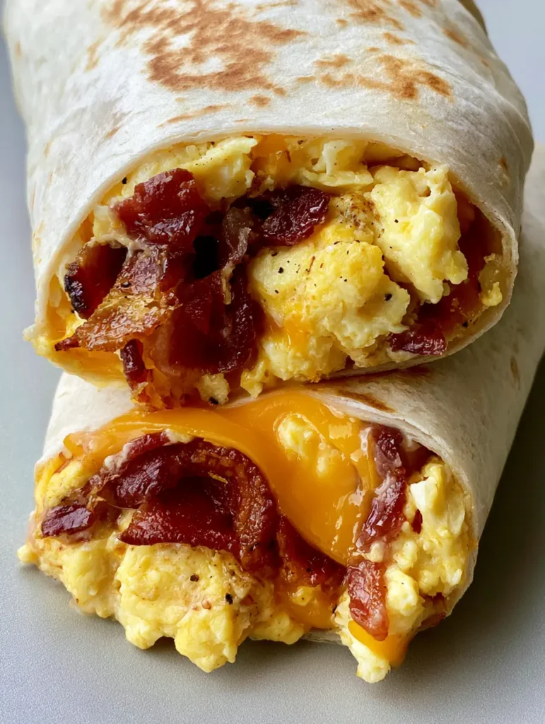 Breakfast Burrito Recipe: The Ultimate Crispy Bacon and Fluffy Egg Guide 1 High-angle smartphone photo of a Breakfast Burrito Recipe cross-section on a gray surface.
