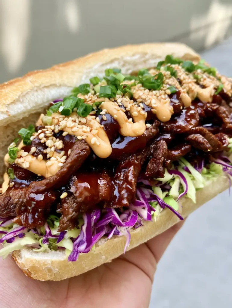 Person holding a Korean Steak Sandwich showing the layers of spicy mayo, sesame seeds, and seared beef.