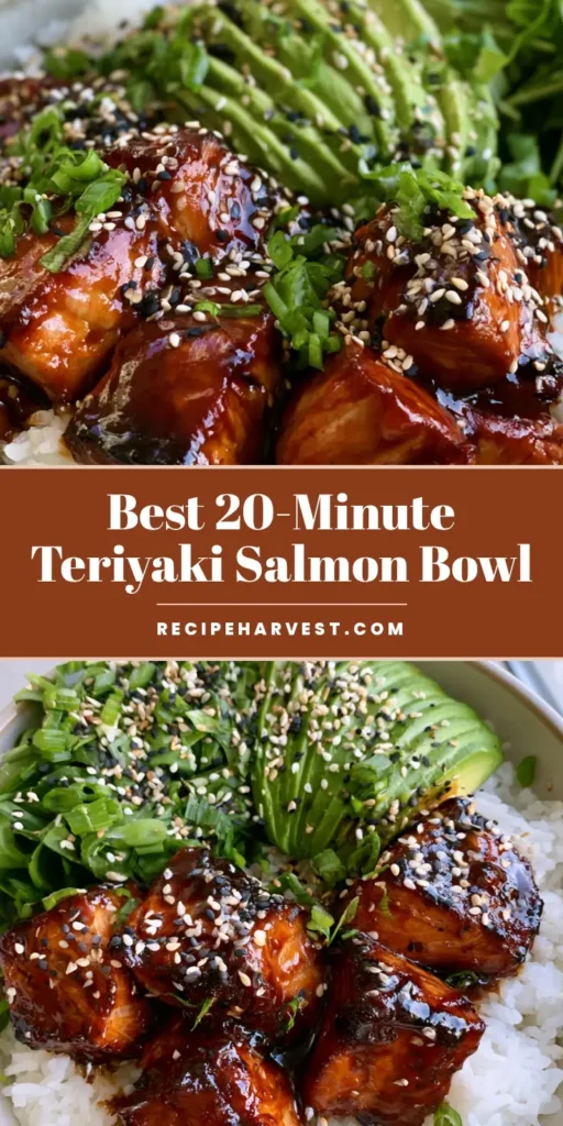 Teriyaki Salmon Bowl: The Ultimate 20-Minute Glossy Glazed Dinner 3 A handheld smartphone photo of a Teriyaki Salmon Bowl featuring glossy seared salmon chunks, fanned avocado, and sesame seeds over white rice.