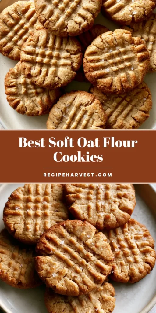 Oat Flour Peanut Butter Cookies: Thick, Chewy, and Perfectly Salted 4 A stack of thick circular Oat Flour Peanut Butter Cookies with a deep fork-pressed crisscross pattern and sea salt on an off-white plate.