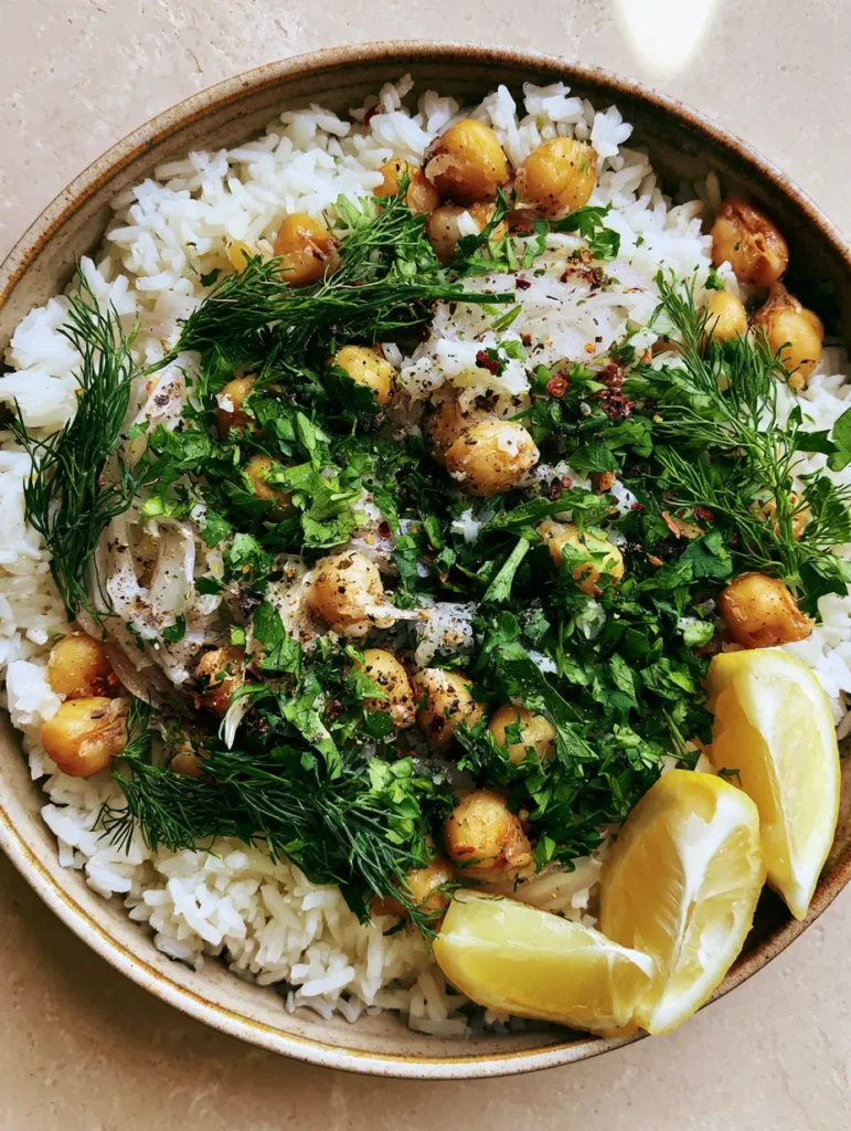 Close-up of fluffy steamed white rice mixed with chickpeas and softened red onions in a Mediterranean Rice and Beans dish.