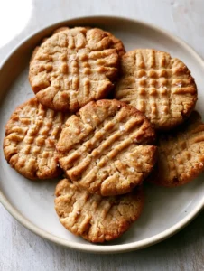 Close-up top-down view of Oat Flour Peanut Butter Cookies showing the matte texture and golden edges.