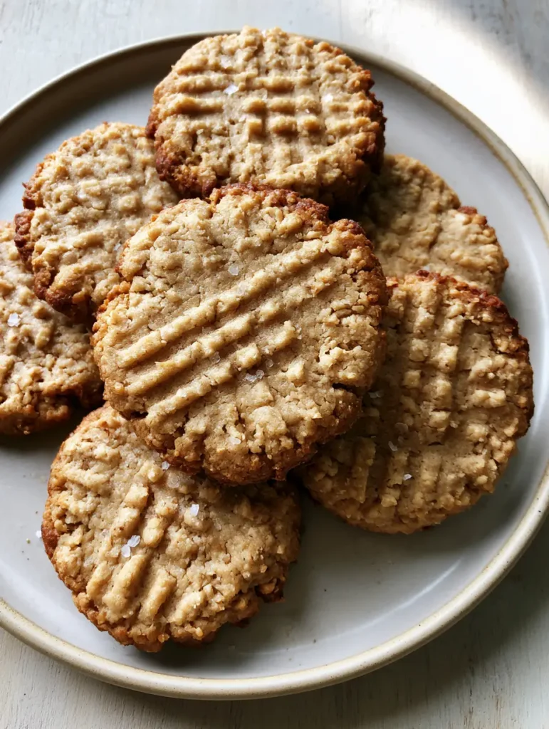 Oat Flour Peanut Butter Cookies: Thick, Chewy, and Perfectly Salted 1 Several peanut butter cookies stacked on a white ceramic plate with visible sea salt granules.