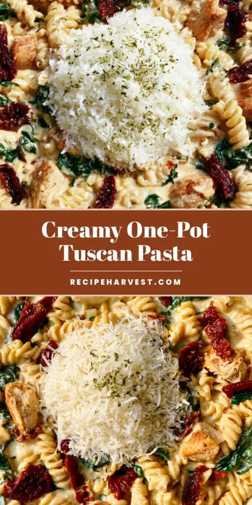 A top-down overhead photo of creamy Tuscan Chicken Pasta with rotini, spinach, and sun-dried tomatoes in a blue pan.