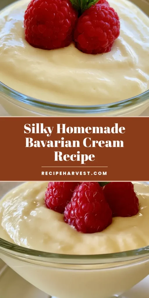 Bavarian Cream Recipe: The Ultimate Velvety Vanilla Dessert 4 A tall, vertical view of a Bavarian Cream Recipe in a clear glass bowl topped with fresh red raspberries and mint. (Bavarian Cream Recipe)