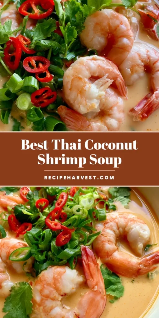A close-up vertical shot of Thai Coconut Shrimp Soup in a white bowl with poached jumbo shrimp, red chilies, and scallions.