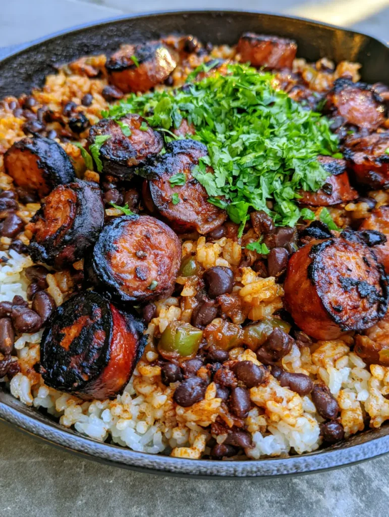 Handheld smartphone photo of a cast iron skillet containing seared smoked sausage slices with char marks mixed with rice and green bell peppers. (Black Beans and Rice with Sausage)