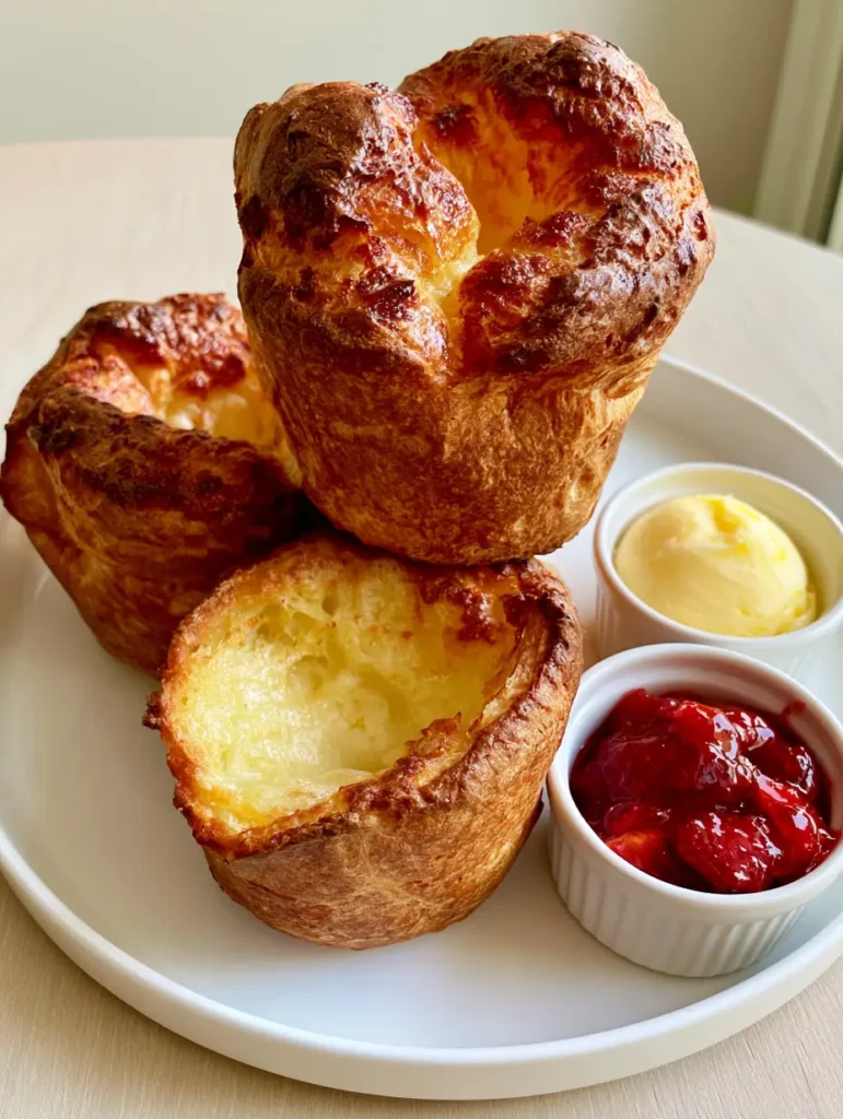 A close up photo of three towering golden-brown Jordan Pond House Popovers with crispy exteriors and hollow centers.