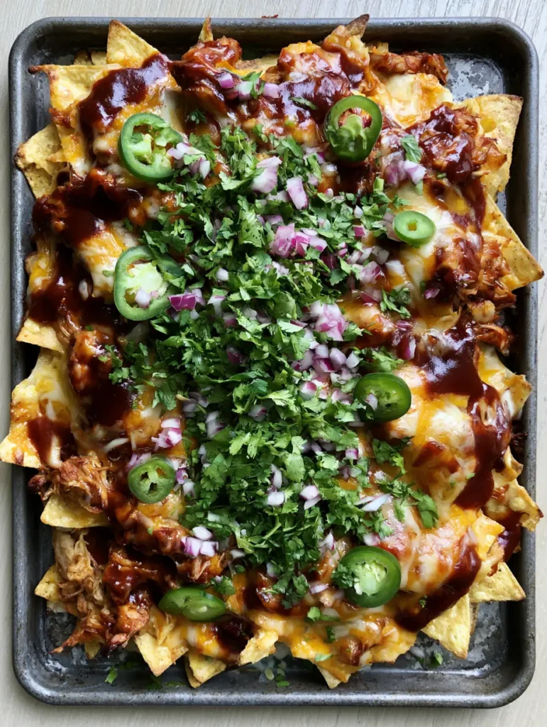 A full tray of BBQ Chicken Nachos garnished with fresh jalapenos, red onion, and cilantro on a wooden surface.