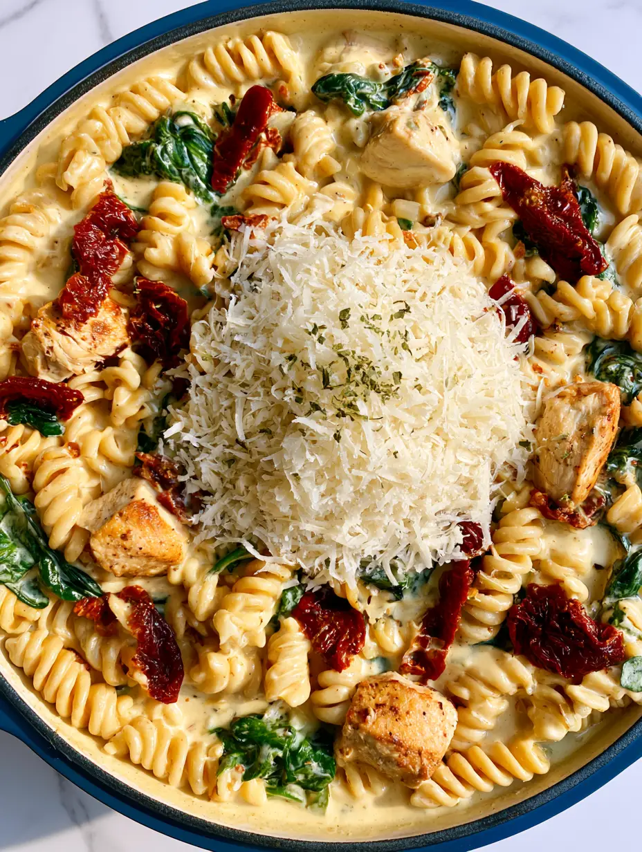Close up of Tuscan Chicken Pasta showing the thick ivory cream sauce and spiral rotini texture.