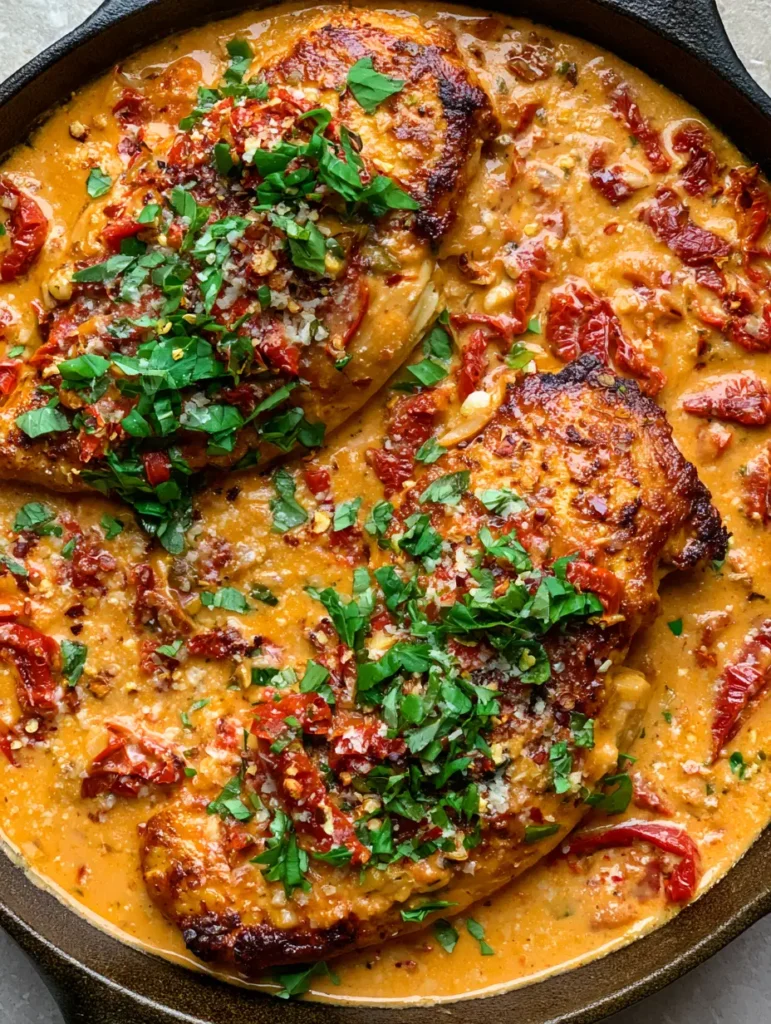 Top-down shot of golden-brown seared chicken submerged in a thick orange cream sauce. (Marry Me Chicken Recipe)