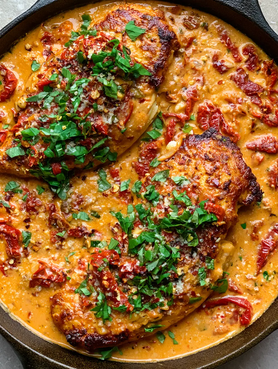 Top-down shot of golden-brown seared chicken submerged in a thick orange cream sauce. (Marry Me Chicken Recipe)