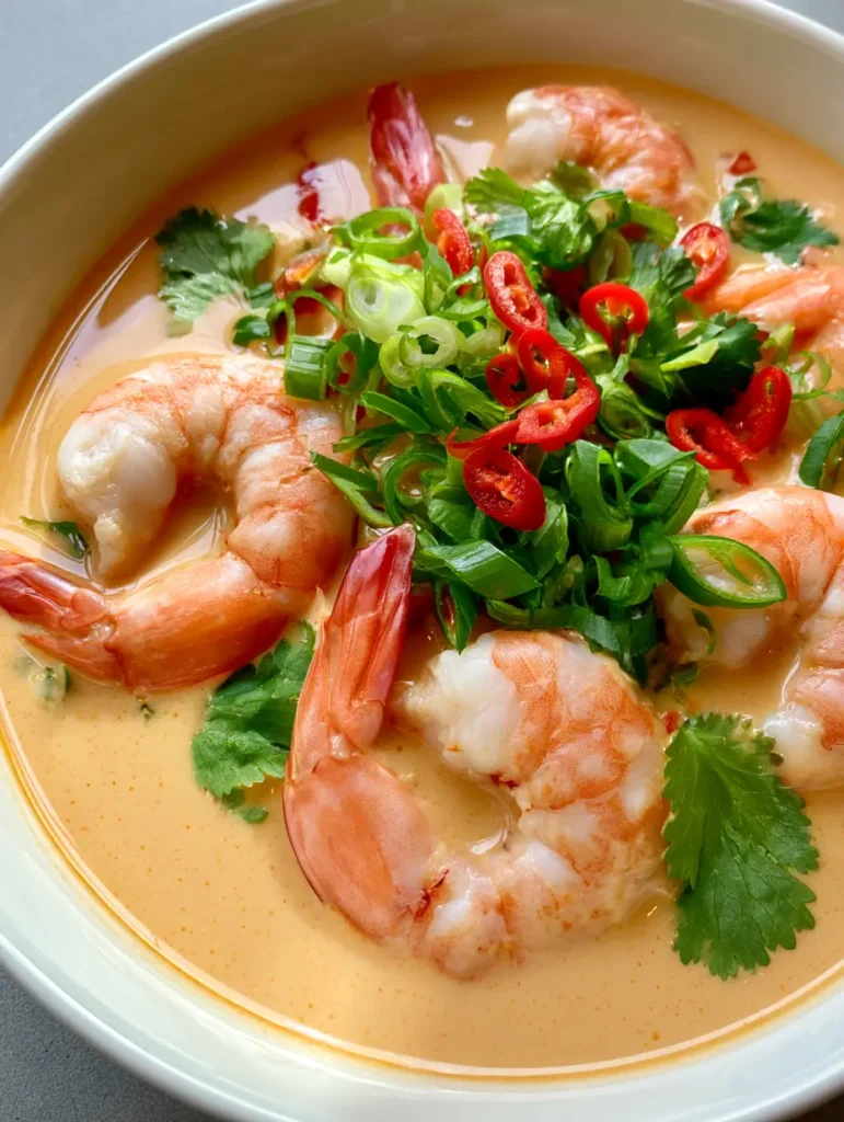 Top-down view of a white ceramic bowl filled with creamy orange Thai Coconut Shrimp Soup and fresh garnishes.