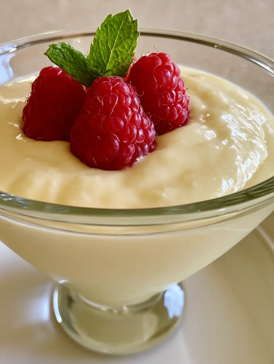 Bavarian Cream Recipe: The Ultimate Velvety Vanilla Dessert 3 A close-up shot of a classic Bavarian cream dessert in a clear glass dish, featuring ivory cream and three raspberries. (Bavarian Cream Recipe)