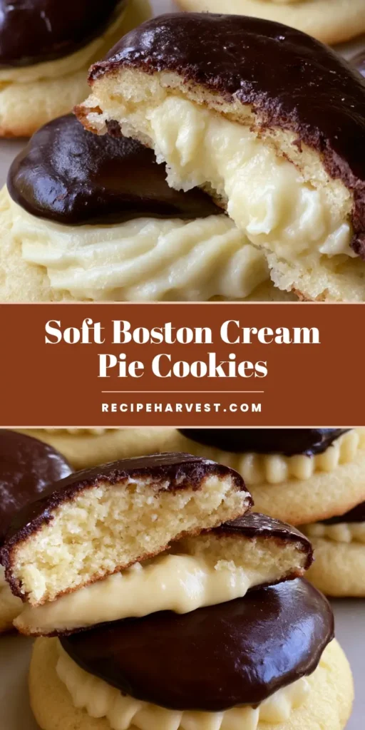 A stack of Boston Cream Pie Cookies with glossy chocolate ganache and ivory cream filling.