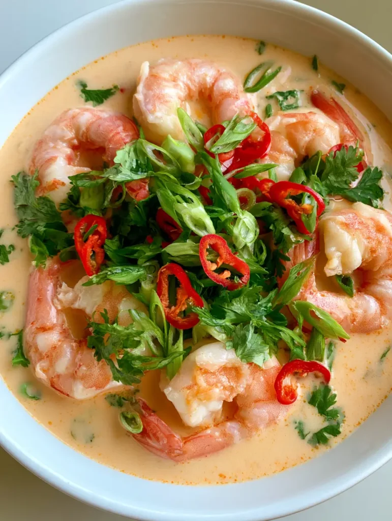 Close up of poached jumbo shrimp in a thick, opaque Thai coconut broth with cilantro and chili peppers.