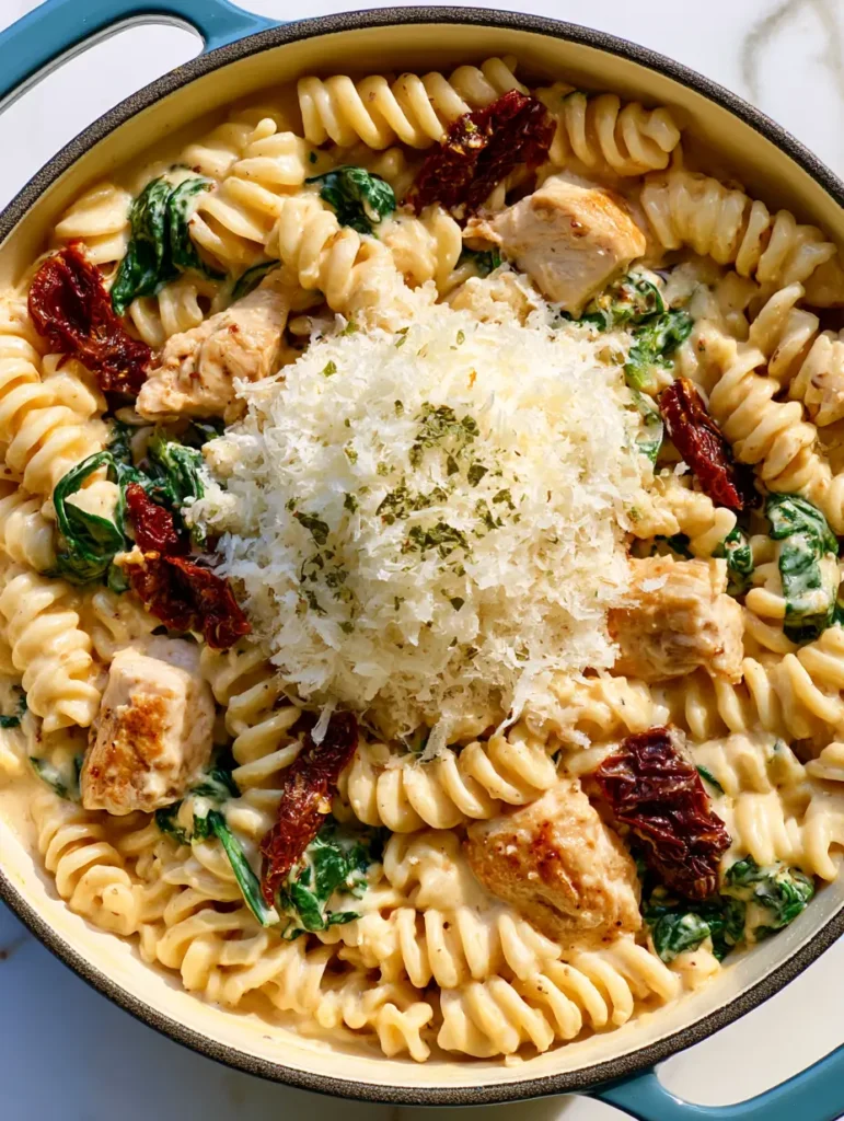 Tuscan Chicken Pasta in a blue pan with a mound of parmesan cheese and dried herb flakes.