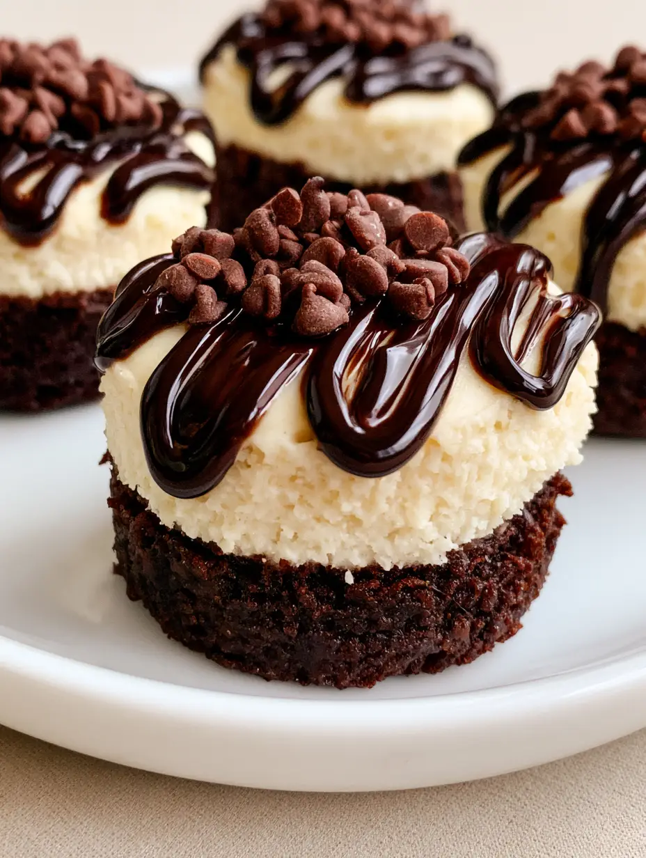 Close up shot of individual Brownie Bottom Cheesecake Bites on a white platter.