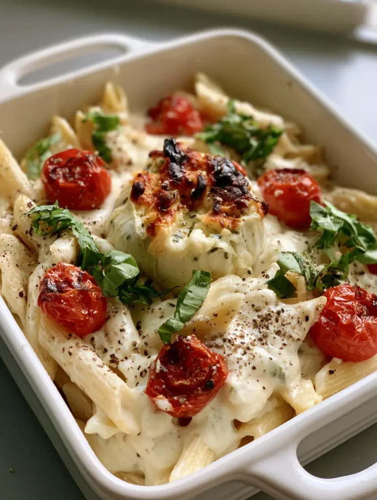 Close-up of penne pasta tossed in a thick Boursin cheese sauce with cracked black pepper and basil. (Boursin Cheese Pasta)